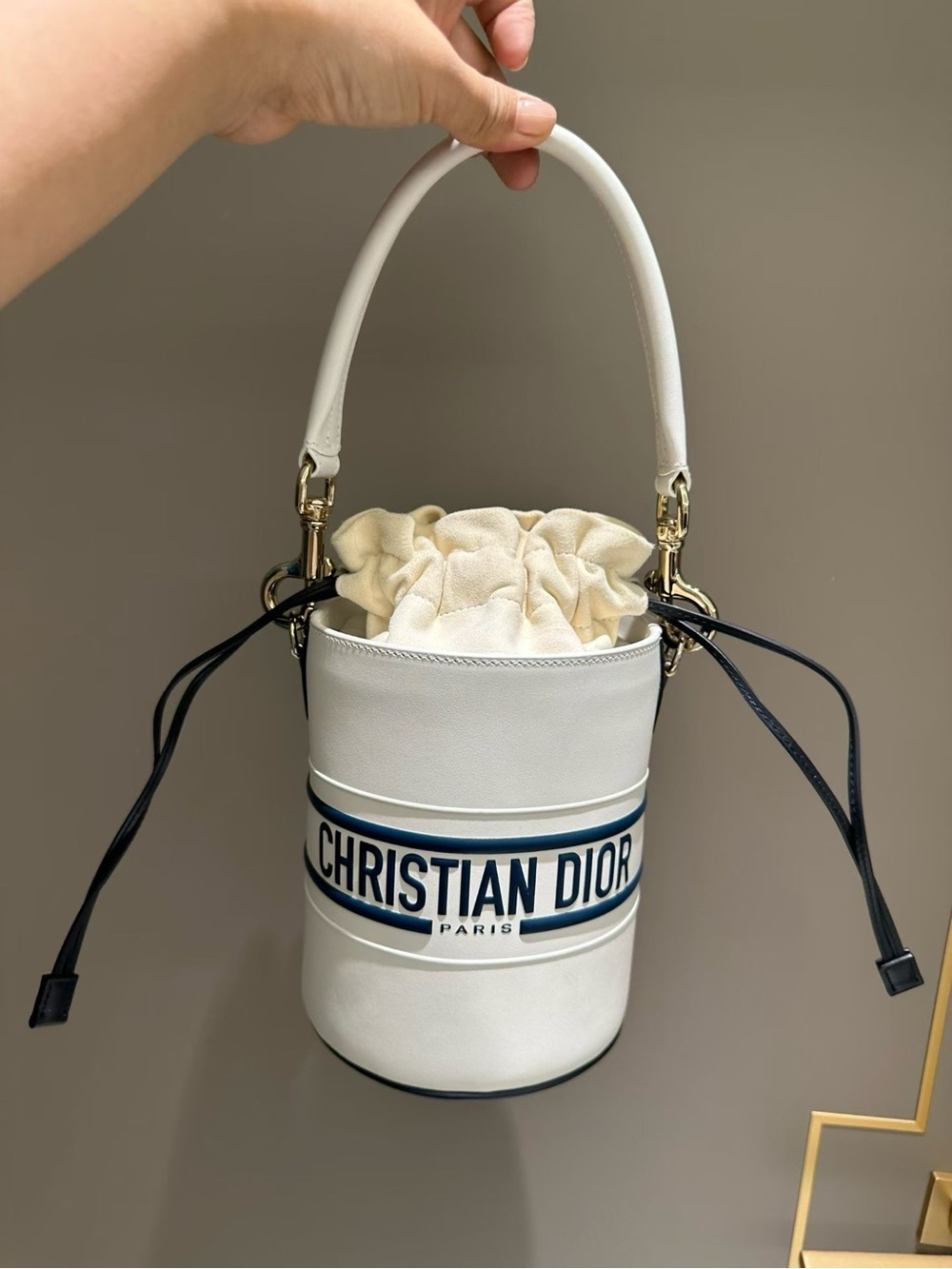 Dior White Leather Bucket Bag with Blue Logo